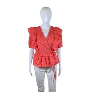 J. Crew Pink & Orange Check Wrap Blouse Size S
